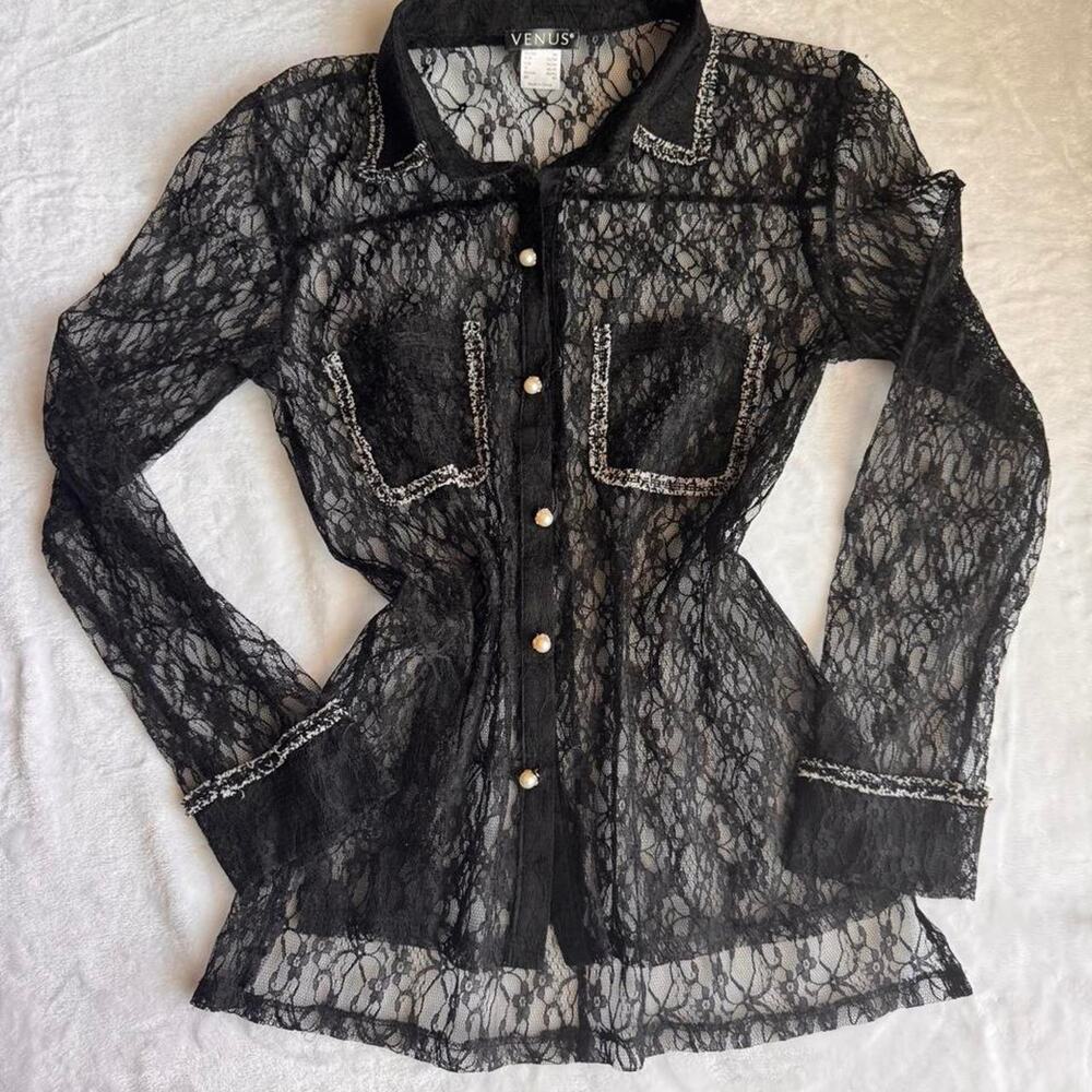 VENUS Black Sheer Floral Lace Faux Pearl Button Down Shirt - Size Extra Small